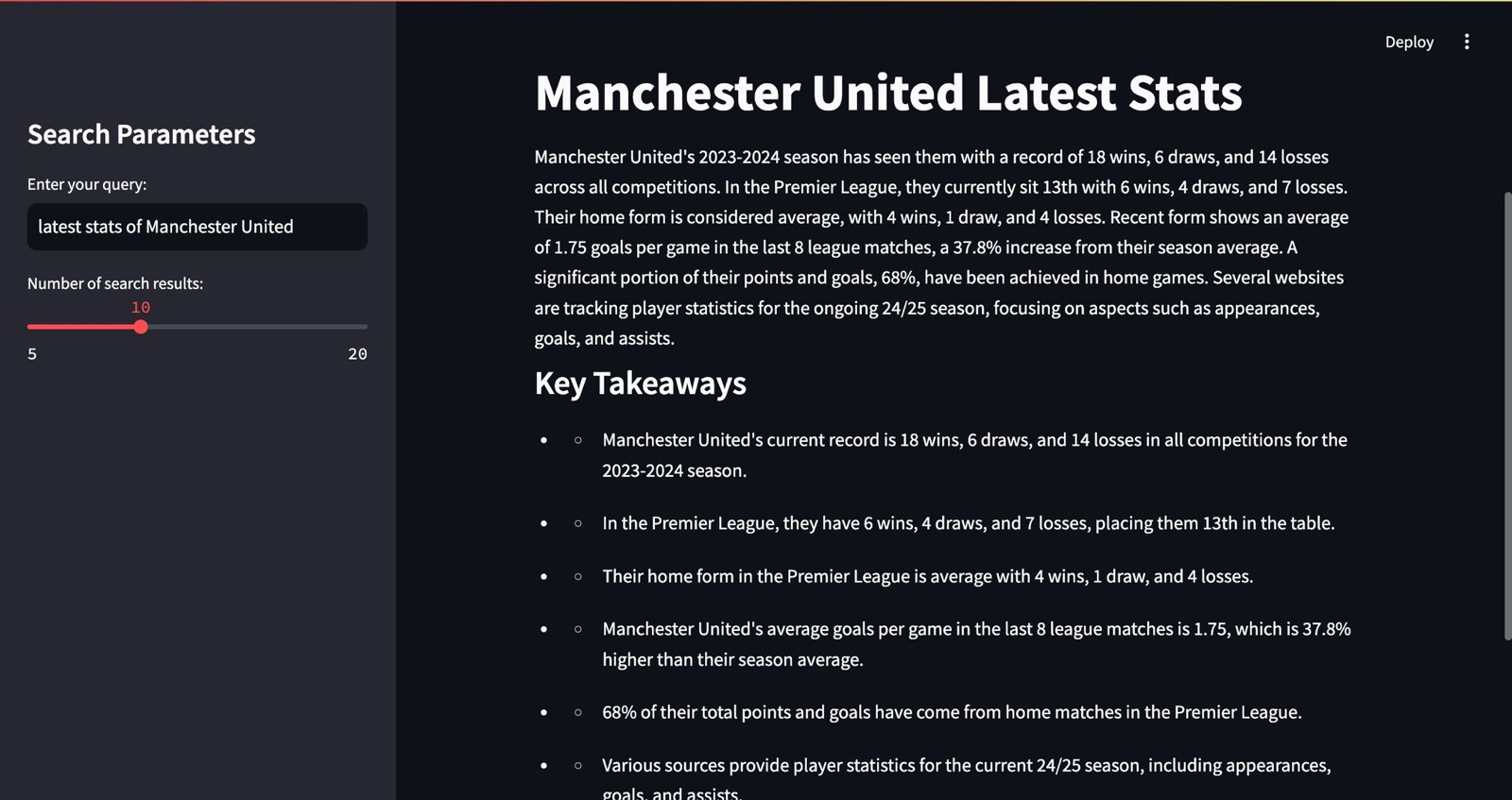 Example image of the AI News Research Agent UI