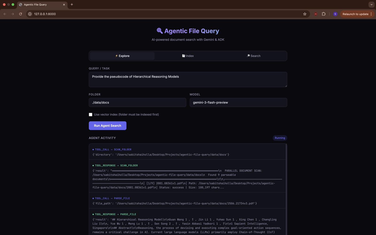 Agentic File Query — FastAPI Web UI showing the agent scanning documents and calling tools in real time
