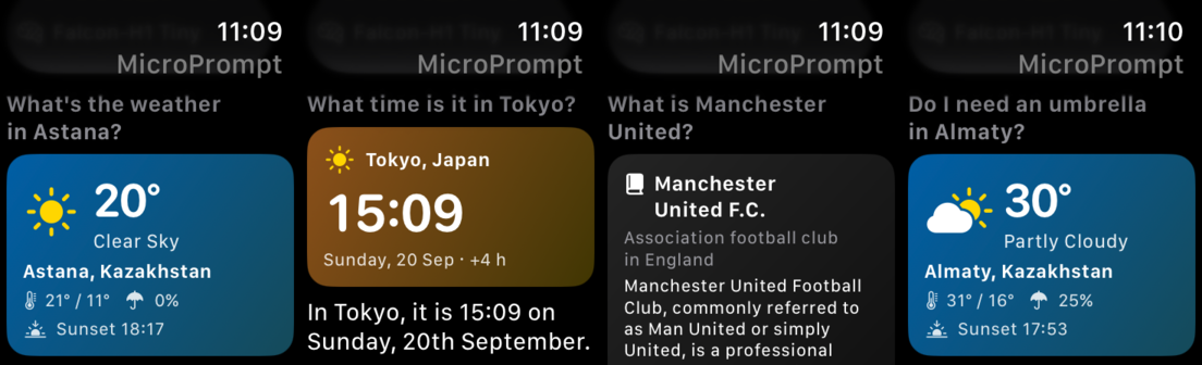 MicroPrompt showing weather in Astana, the time in Tokyo, a Wikipedia summary, and an umbrella query